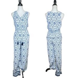 Eliane Rose Blue & White Print V-neck Splice Drawstring Sleeveless Jumpsuit